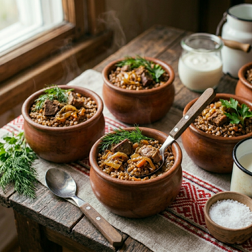 Гречка по-купечески с томленым мясом Гречка по-купечески