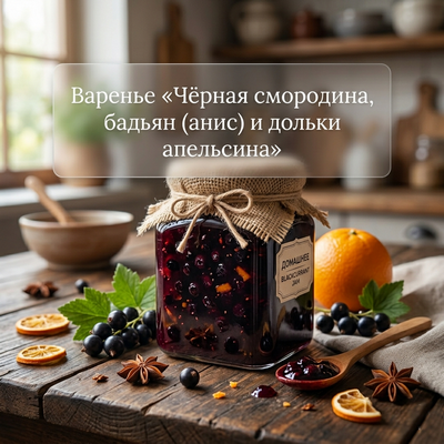 Варенье «Чёрная смородина, бадьян (анис) и дольки апельсина»